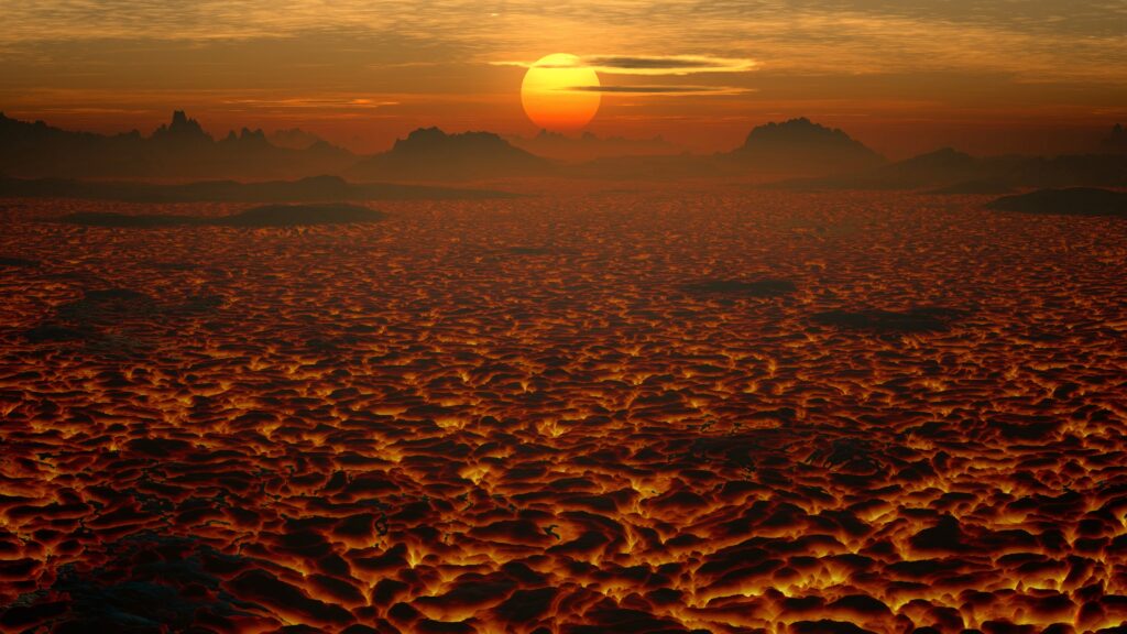 Volcanic landscape at sunset with glowing molten lava and mountains under fiery orange sky background Wallpaper