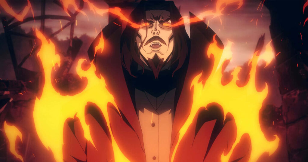 Fierce Dracula from Castlevania: Intense Flames Wallpaper Background