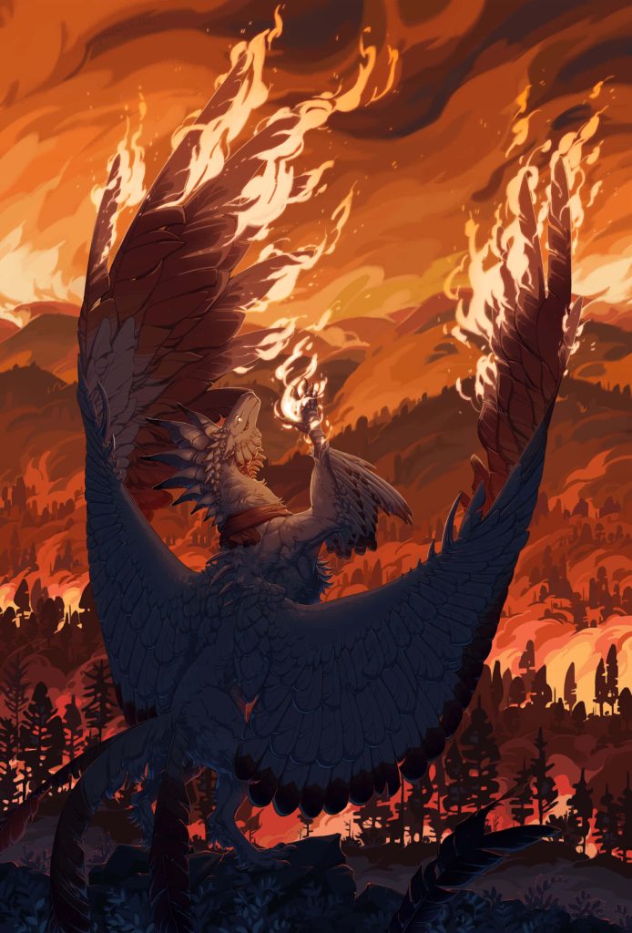 Fiery winged bird commanding flames in a blazing forest digital fantasy wallpaper background