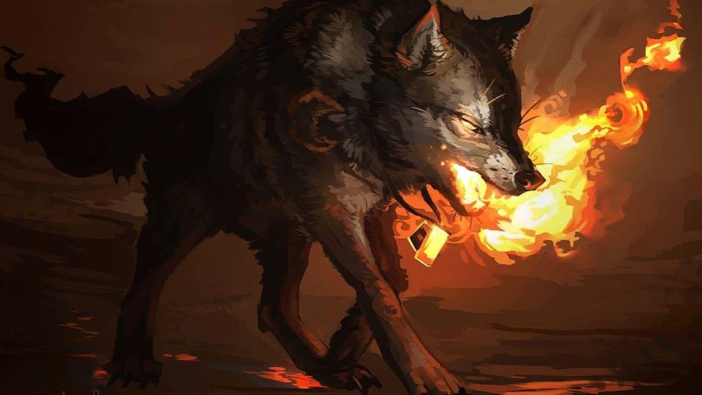 Fierce wolf engulfed in glowing flames with dark moody fantasy background digital illustration Wallpaper
