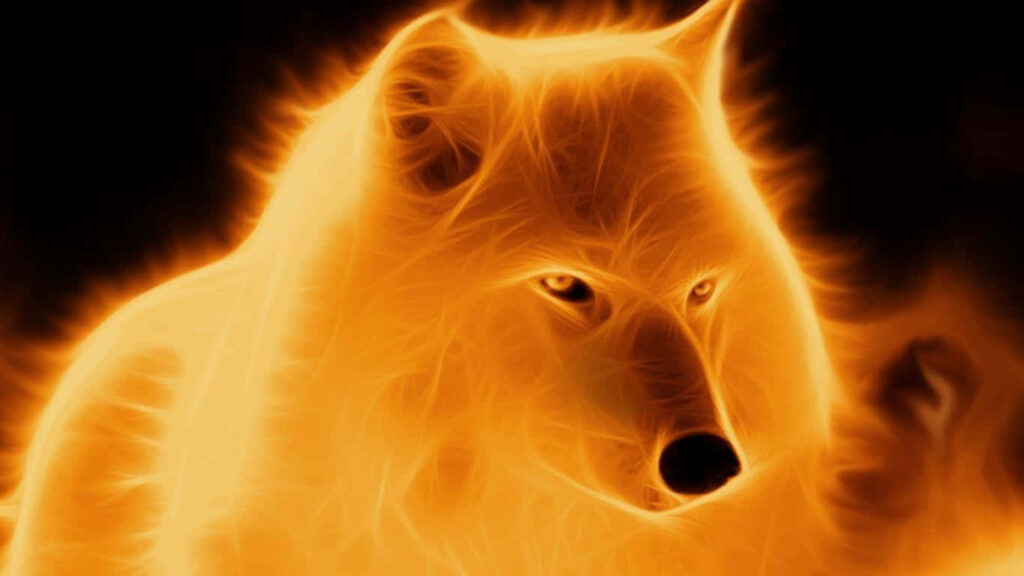 Ethereal Wolf Wallpaper: Fiery Glow Meets Water in Mystical Sunset