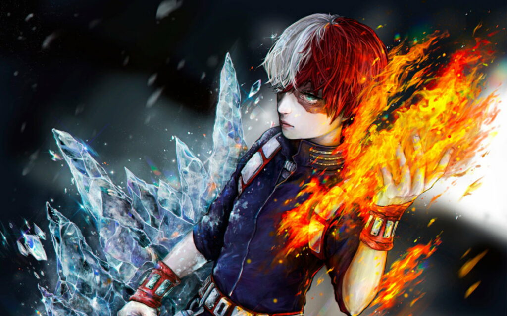 The Dynamic Duality: Shoto Todoroki Unleashing Fire and Ice Wallpaper