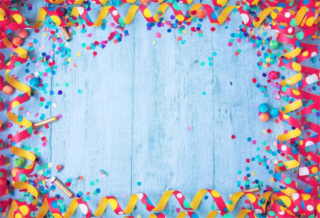 Festive Delight: Vibrant Fiesta Party Poppers Sparkle on Pastel Blue Scrim Wallpaper