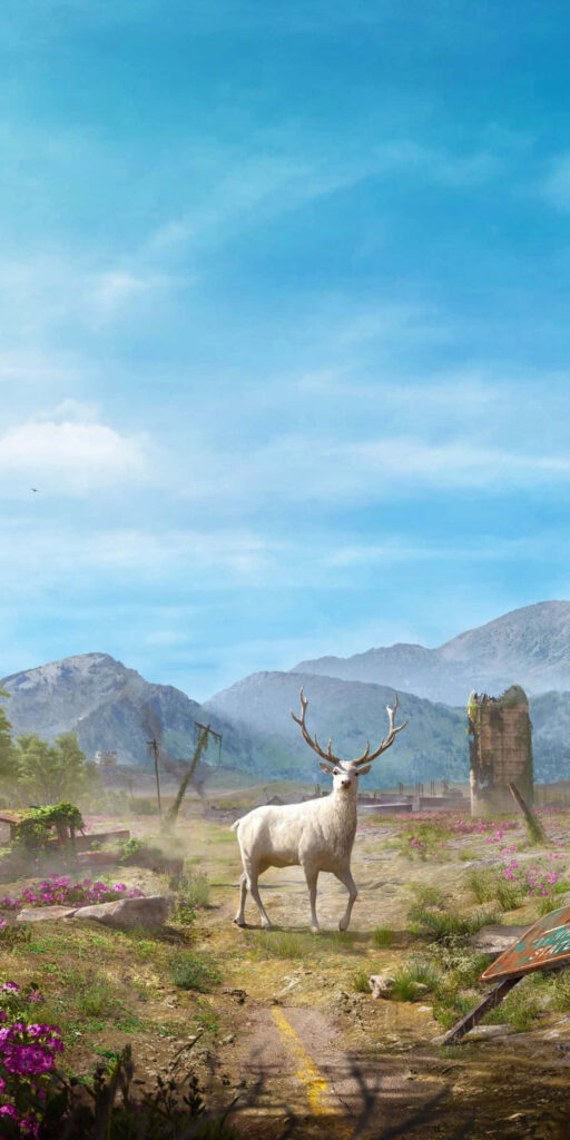 Far Cry New Dawn: Stunning White Stag in Post-Apocalyptic Landscape with Nature's Revival & Mountains Wallpaper