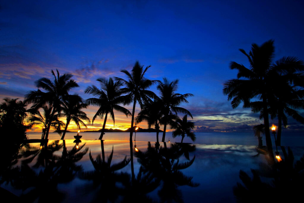 Fiji palm trees silhouetted at sunset reflected in calm water tranquil wallpaper background