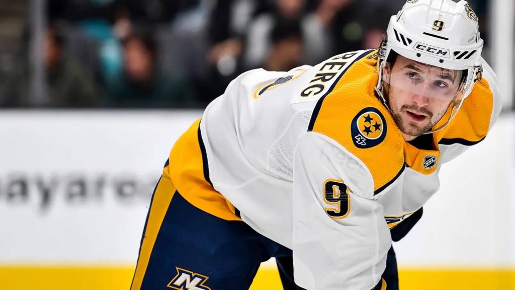 Filip Forsberg Nashville Predators intense action shot white yellow navy jersey NHL wallpaper