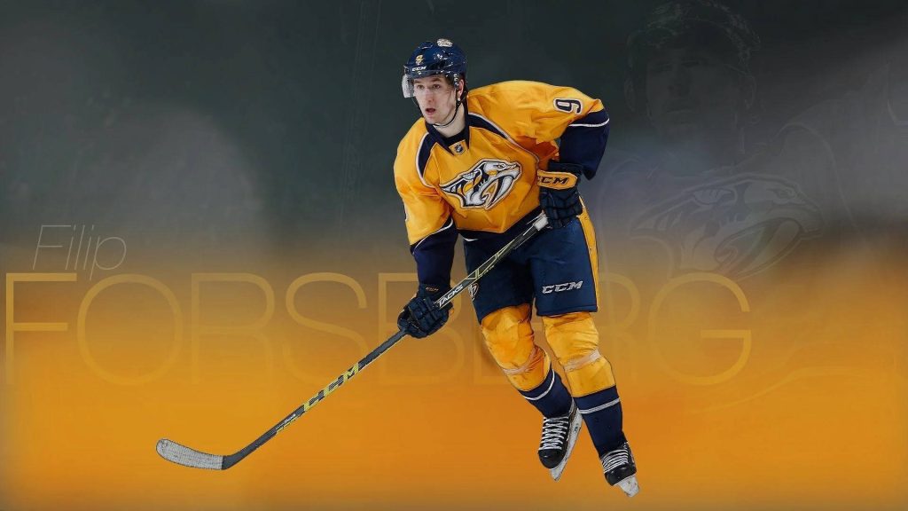 NHL star Filip Forsberg Nashville Predators wallpaper yellow navy uniform gold background design