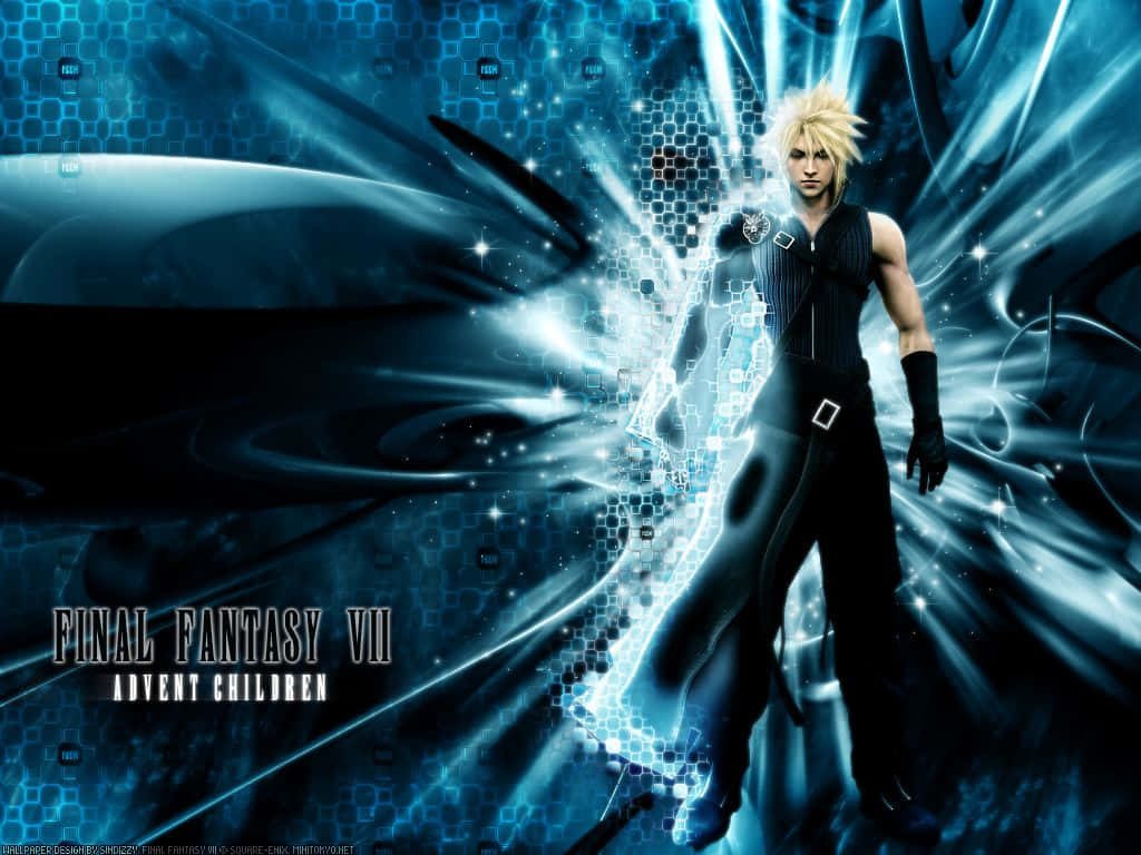 Cloud Strife Final Fantasy VII Advent Children CGI art with glowing blue futuristic background Wallpaper