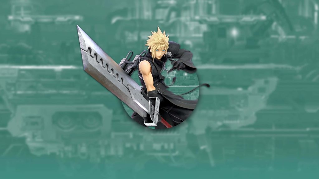 Cloud Strife with iconic blade on muted green industrial Final Fantasy CGI wallpaper background
