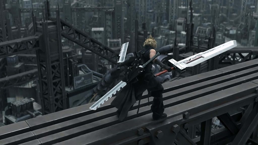 Final Fantasy Cloud Strife with sword on industrial steel structure Midgar gaming wallpaper