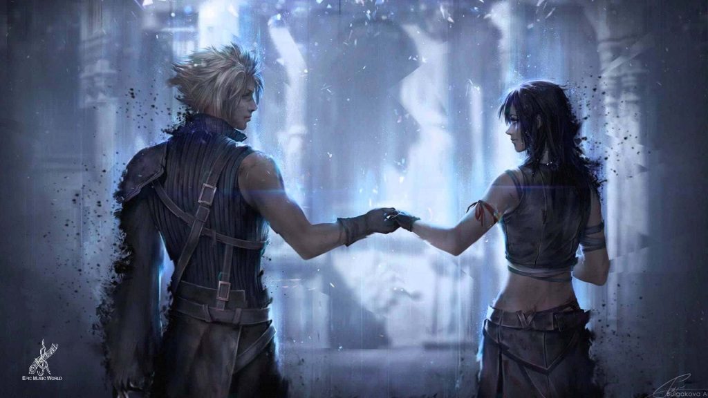 Final Fantasy Cloud Strife and Tifa Lockhart in ethereal blue tones magical fantasy wallpaper