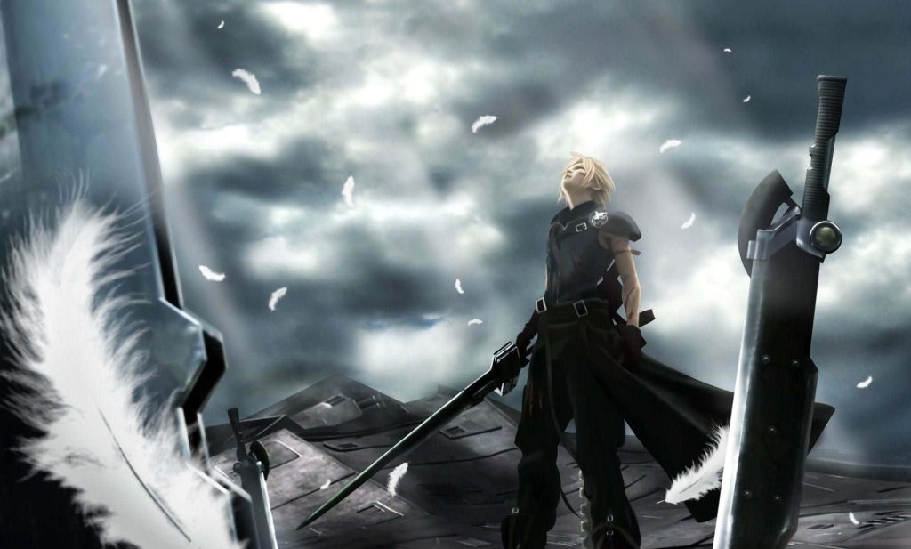 Cloud Strife in ruins with Fusion Sword under stormy sky Final Fantasy VII Advent Children wallpaper