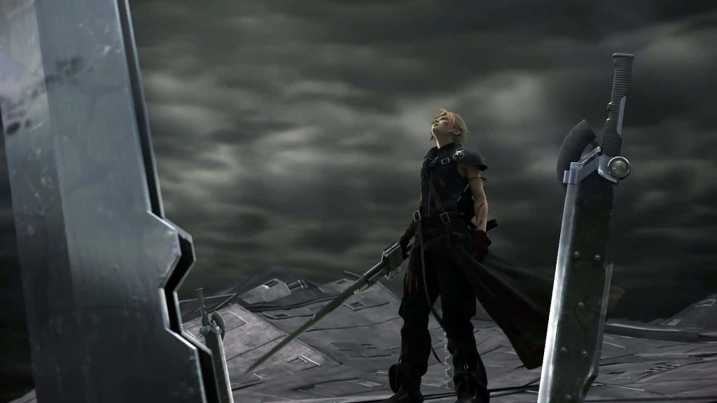 Cloud Strife from Final Fantasy VII Advent Children stands beneath stormy sky with Buster Sword Wallpaper
