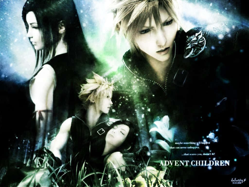 Final Fantasy VII Advent Children wallpaper with Cloud Strife and Tifa Lockhart glowing green particles