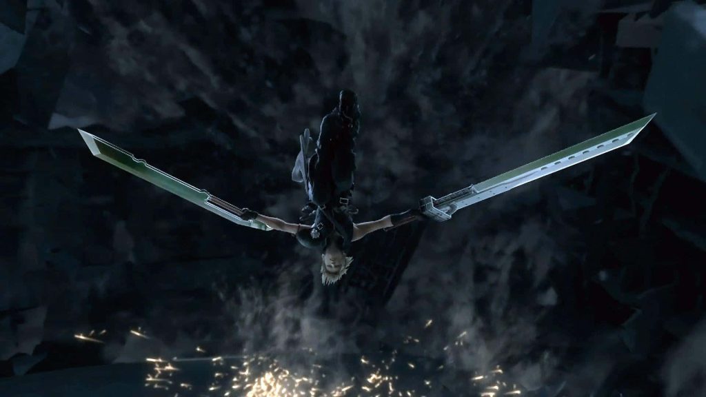 Cloud Strife CGI render falling dual blades dark moody Final Fantasy VII cinematic wallpaper