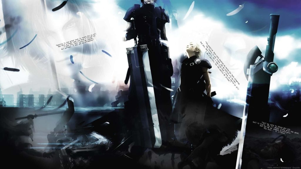 Final Fantasy VII wallpaper with Cloud Strife and Zack Fair in blue light with Buster Swords
