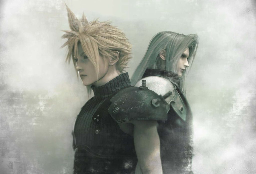 Final Fantasy VII Cloud Strife and Sephiroth back to back CGI wallpaper misty intense rivalry