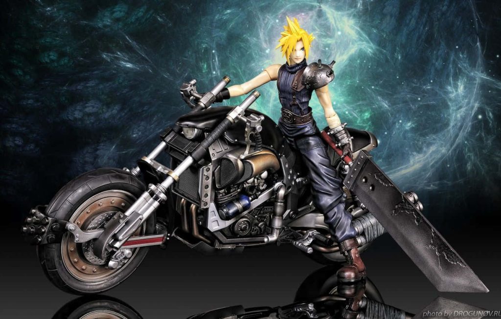Cloud Strife final fantasy VII action figure on Hardy Daytona motorcycle with nebula background Wallpaper