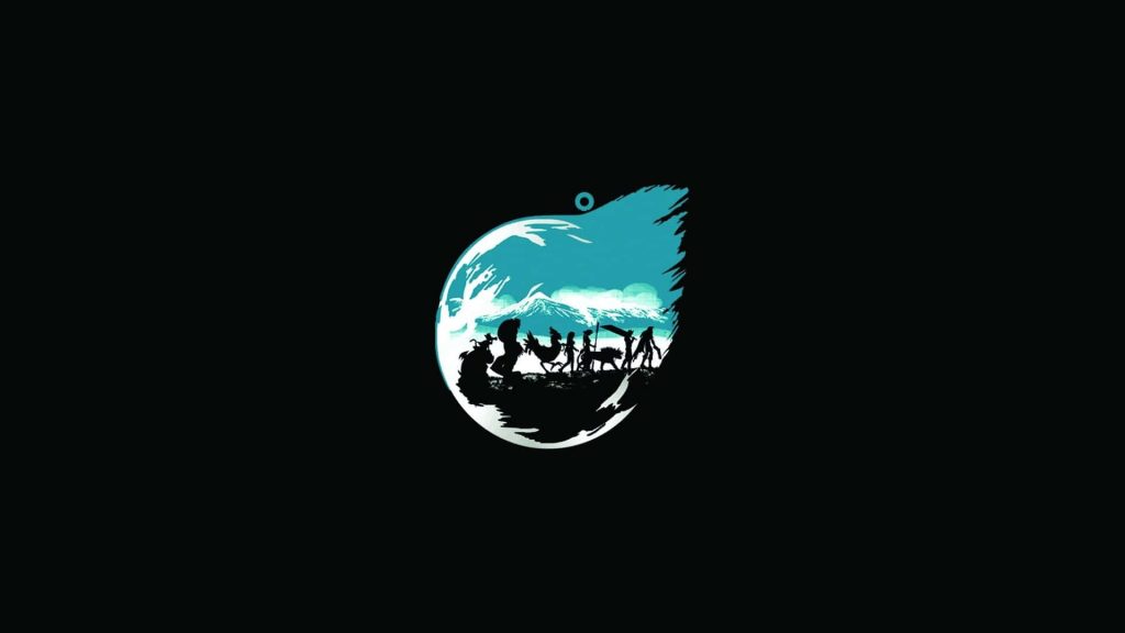 Final Fantasy VII wallpaper featuring cyan logo and Cloud party silhouette on black background