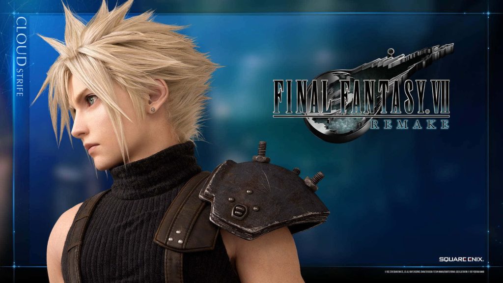 Final Fantasy VII Remake Cloud Strife 3D render wallpaper sharp HD blue background fan art