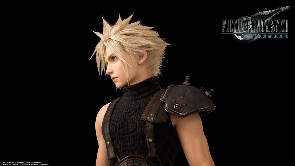 Final Fantasy VII Remake Cloud Strife CGI wallpaper with spiky blonde hair and metal pauldron