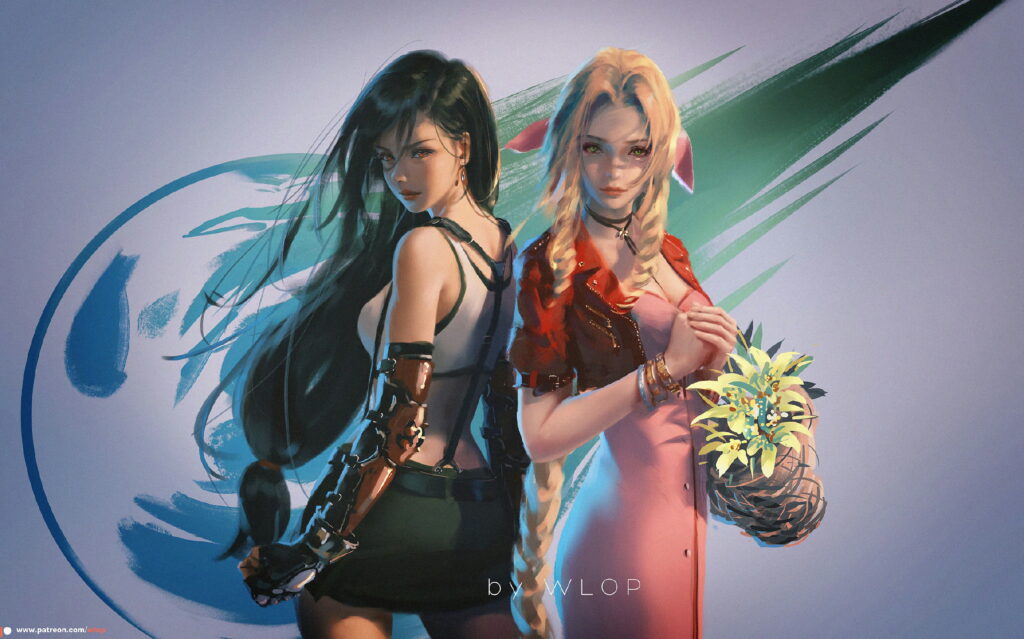 Stunning QHD Artwork: Journey with Aerith and Tifa in the Remade Final Fantasy VII World Wallpaper