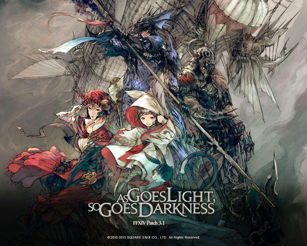 Final Fantasy XIV wallpaper featuring four iconic characters in detailed fantasy armor background