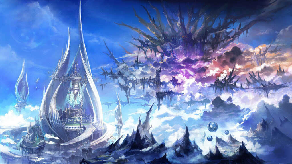 Final Fantasy XIV fantasy landscape with ethereal castle floating islands vibrant clouds sky Wallpaper