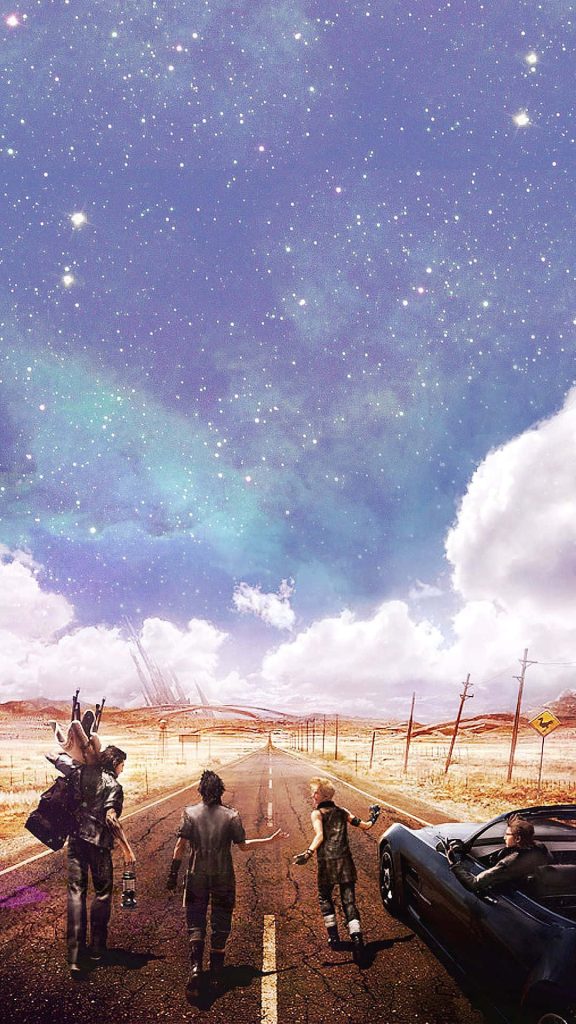 Final Fantasy XV wallpaper Noctis and friends on desert highway with Regalia under starry sky