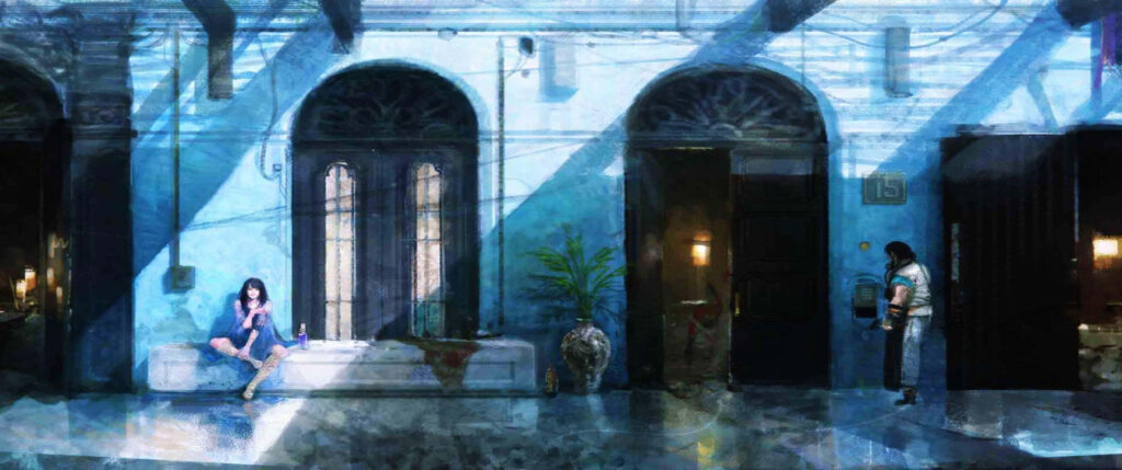 Final Fantasy XV Characters in Elegant Blue Interior - Rich Aesthetic & Storytelling Wallpaper