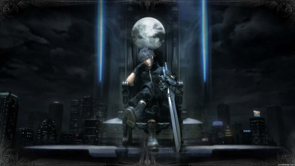 Final Fantasy XV Wallpaper: Noctis on Throne with Sword in Cityscape Under Moonlight