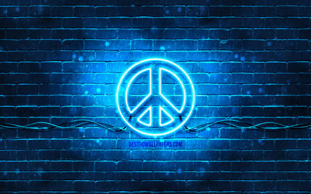Creative Peace: A Blue Brick Wall with a Neon Peace Sign - A 4K Wallpaper Background