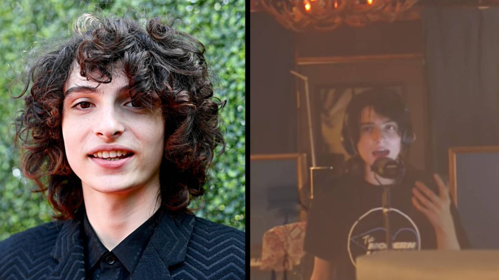 Split-screen wallpaper of actor Finn Wolfhard with curly hair portrait and candid studio moment