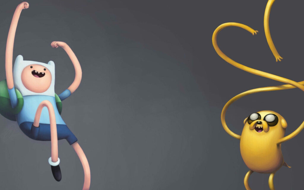 Finn leaping and Jake stretching in playful action scene from Adventure Time wallpaper background