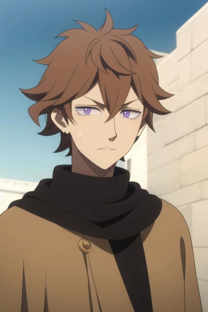 Finral Roulacase Black Clover anime portrait with messy brown hair lavender eyes tan cape Wallpaper