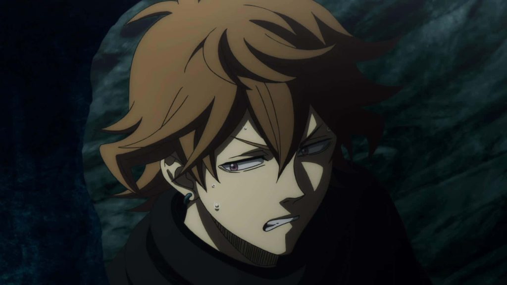 Finral Roulacase intense anime wallpaper with messy hair stressed expression dark moody background