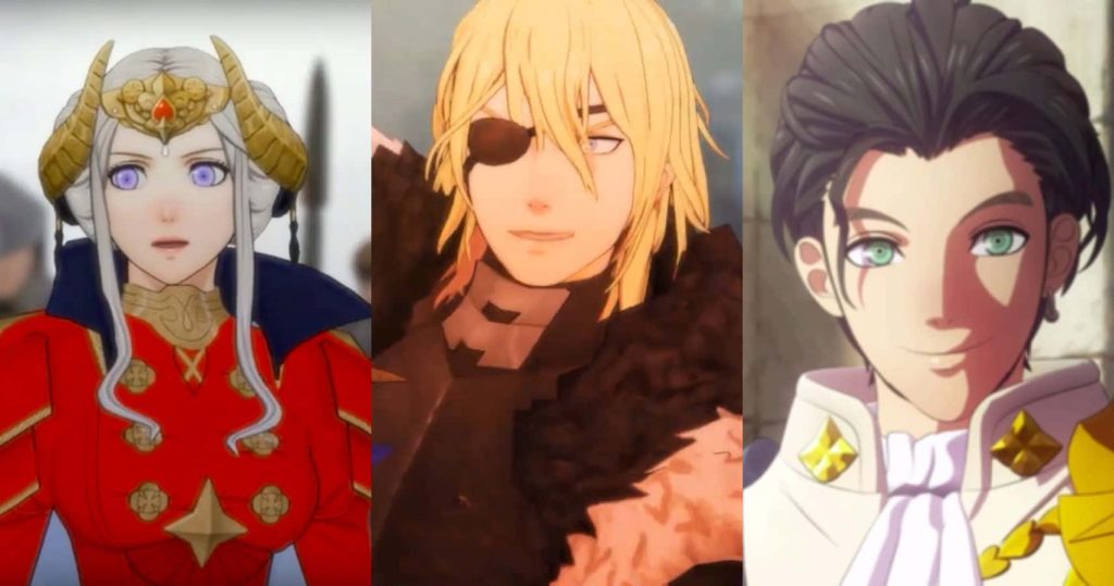 Fire Emblem Three Houses anime wallpaper with vibrant portraits of Edelgard Dimitri and Claude