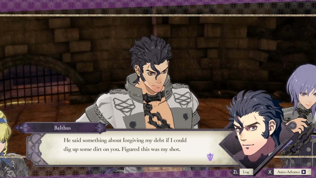 Fire Emblem Three Houses Balthus dialogue in Abyss stone corridors cel shaded RPG wallpaper
