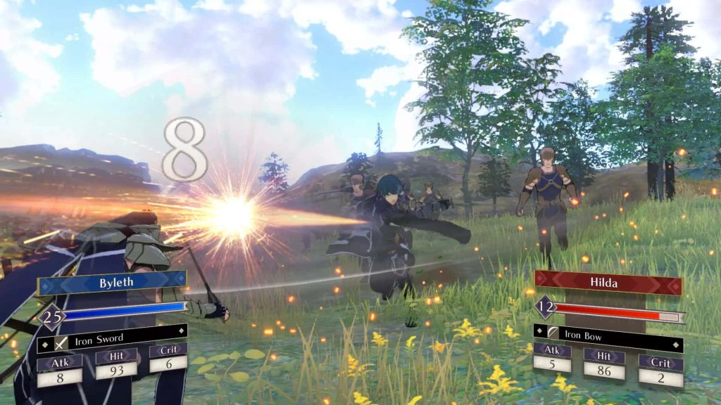 Byleth mid-combat in Fire Emblem Three Houses vibrant 3D gameplay with battle UI background Wallpaper