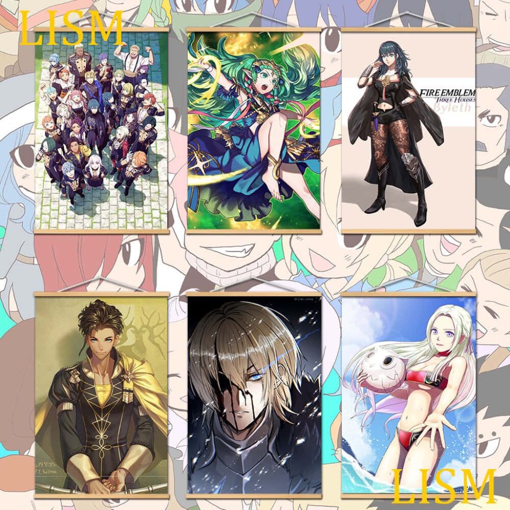 Fire Emblem Three Houses wall scroll collage with Byleth Sothis Claude Edelgard Dimitri background Wallpaper