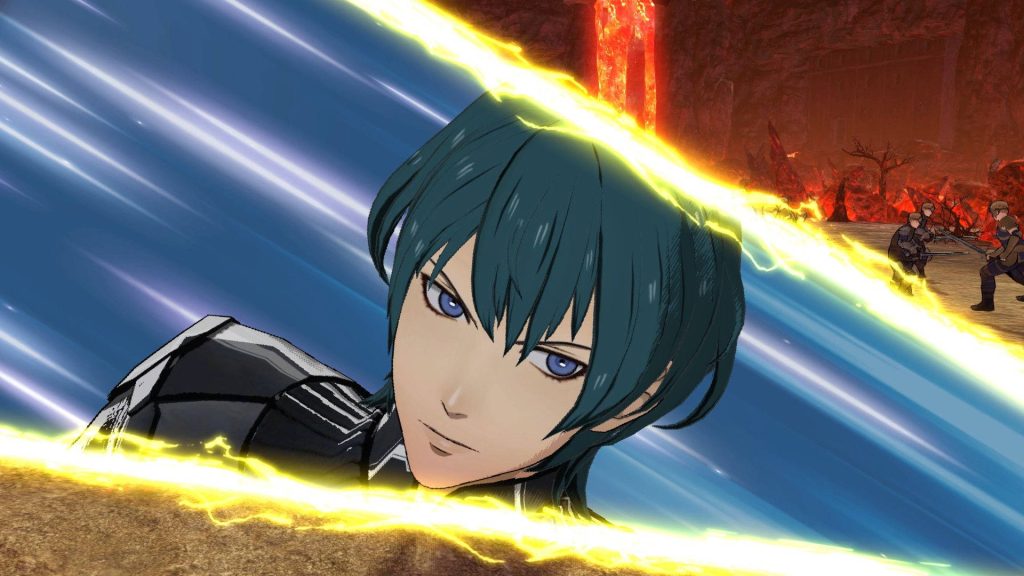 Male Byleth fiery yellow slashes in dark battlefield Fire Emblem Three Houses wallpaper background