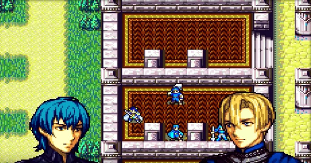 Pixel art wallpaper of Fire Emblem Three Houses Byleth and Dimitri on retro GBA tactical map background
