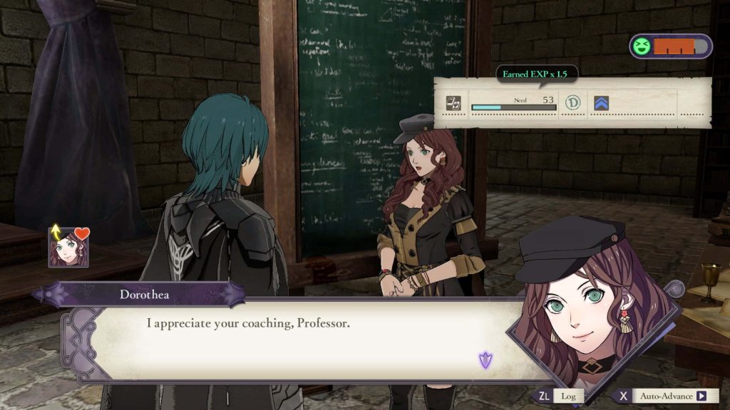 Fire Emblem Three Houses Professor Byleth coaching student Dorothea in classroom RPG scene Wallpaper