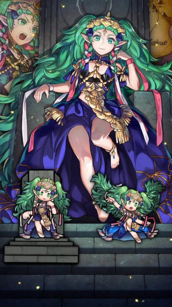 Fire Emblem Three Houses Sothis throne anime art with chibi characters dark mystical background Wallpaper