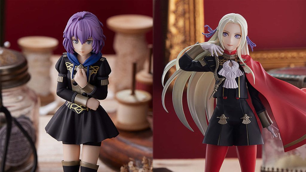 Fire Emblem Three Houses wallpaper with detailed Bernadetta and Edelgard figures on soft backdrop
