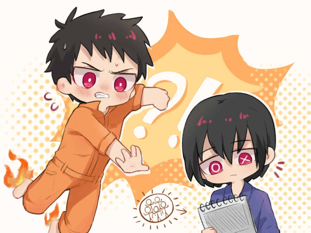 Chibi Shinra Kusakabe jumping with flames and Benimaru Shinmon taking notes Fire Force wallpaper