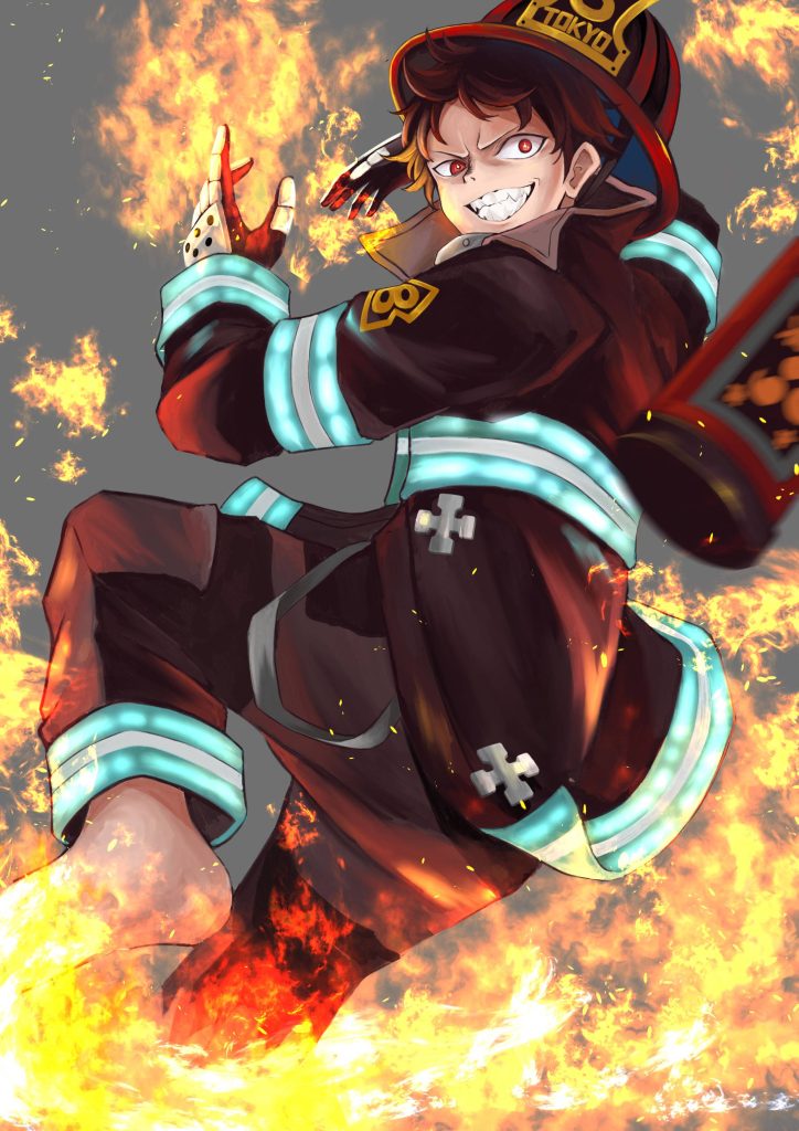 Shinra Kusakabe Fire Force wallpaper blazing flames firefighter uniform dynamic anime art