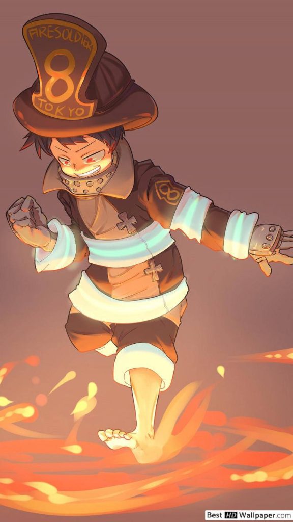 Fire Force Shinra Kusakabe wallpaper flames Company 8 uniform anime hero leaping intense detail