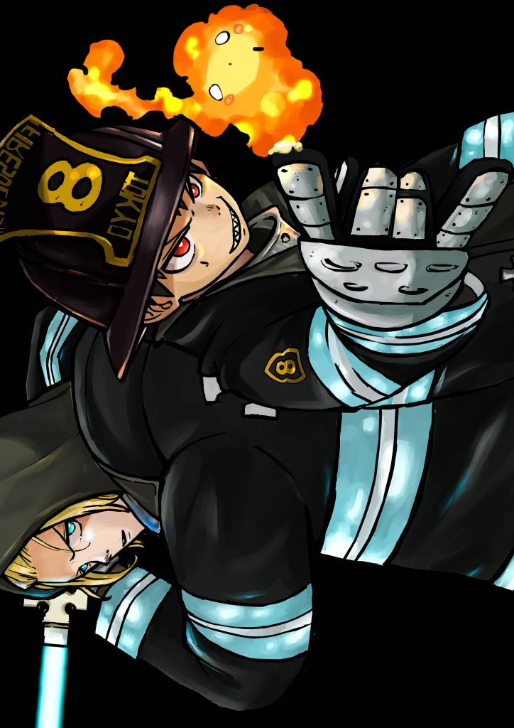 Fire Force wallpaper with Shinra Kusakabe helmet and Arthur Boyle plasma sword flames background