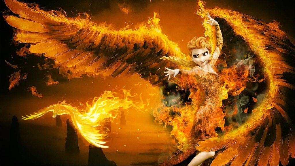 Disney Elsa Fire Queen digital art with fiery wings and vibrant golden orange flames fantasy wallpaper